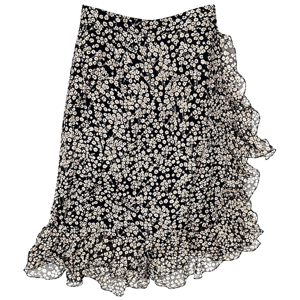 Sretsis Sample Silk Floral Ruffle Midi Skirt Black Chiffon Women 2 Romantic